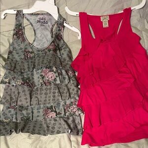 2Pack! Floral Gray and Vibrant Pink Ruffle Tank Tops. Different brands